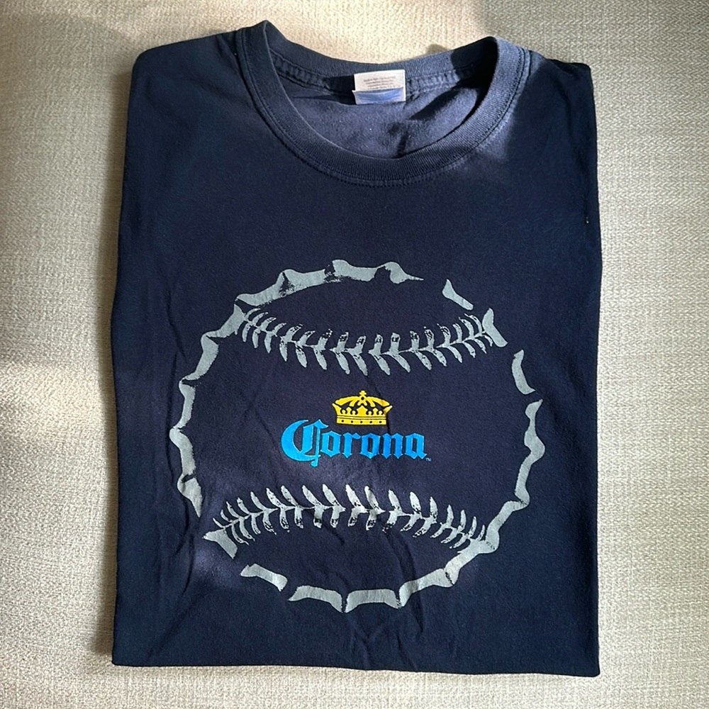 Short sleeve T-shirt with baseball/Corona beer graphic